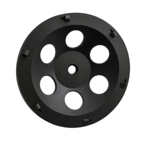 Angled view StoneCrete Cup Wheel segmented grinding surface and center mounting hole