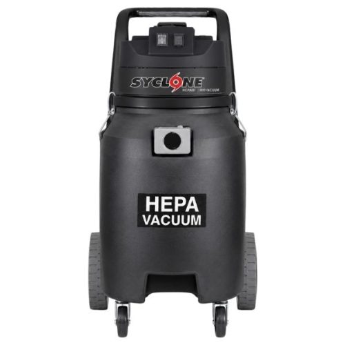 Front view Syclone H20GWD 20-Gallon Wet/Dry HEPA Vacuum hose and wheeled base