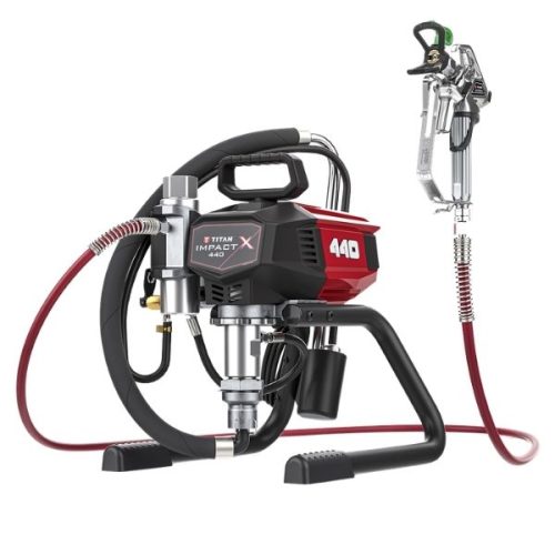 Titan Tool Impact X 440 Skid Airless Sprayer with spray gun, hose, and skid frame