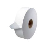 Angled view showing Tork White 2-Ply Universal Jumbo Bath Tissue roll and central core