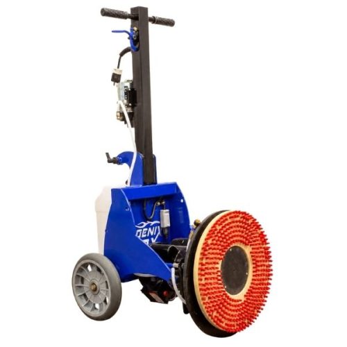 Angled view Trinity Phoenix MX Tri-Directional Machine wheels and circular cleaning pad