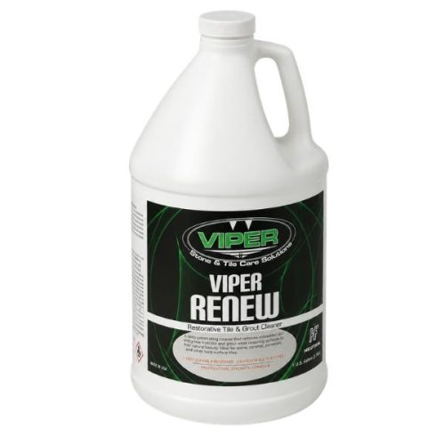 Angled view Viper Renew cleaning solution bottle handle and product label