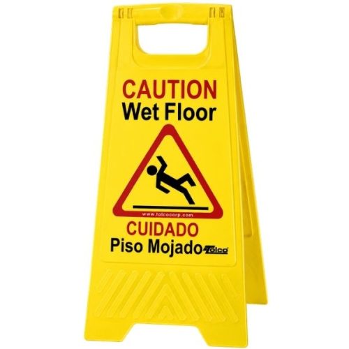 Wet Floor Folding Sign front view with bilingual caution warning