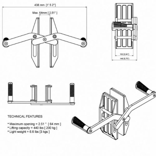 Dimensions view showing Aardwolf Carry Clamp for Stone SCC03 White Rubber measurements