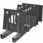 In-use view showing Aardwolf Finished Goods Rack Base in a slab storage setup