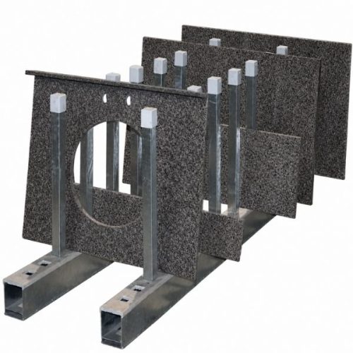 In-use view showing Aardwolf Finished Goods Rack Base in a slab storage setup