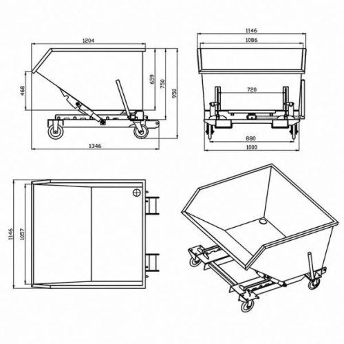 Dimensions view showing Aardwolf Waste Bin 620 PC Powder Coated measurements