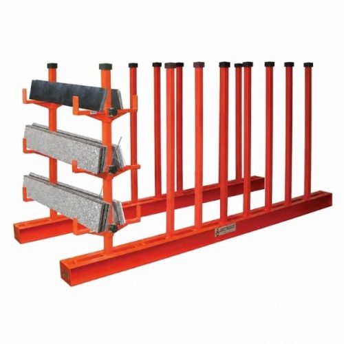 ABACO Adjustable Back Splash Brackets ASB57 Pairs positioned on a slab rack backsplash storage