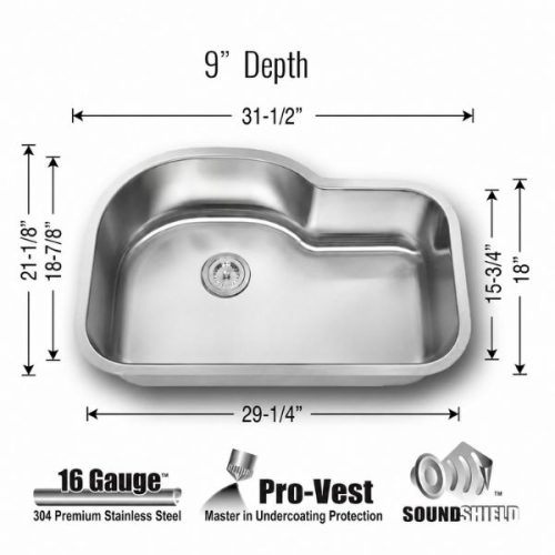 Dimensions view showing Cetus 1 3/4 Single Bowl Kitchen Sink 16 Gauge measurements