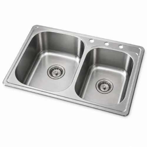 Angled view showing Double equal bowl kitchen sink two equal basins