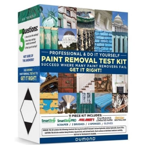 Angled view Dumond Paint Removal Complete Test Patch Kit containers and kit components