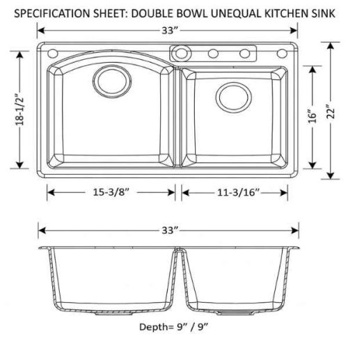 Duragranit big 1 3/4 double bowl granite sink Black Sand DUR-204-01 dimensions