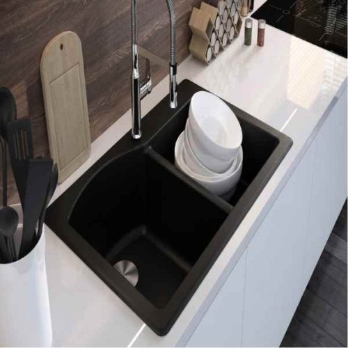 Duragranit big 1 3/4 double bowl granite sink Black Sand DUR-204-01 in use