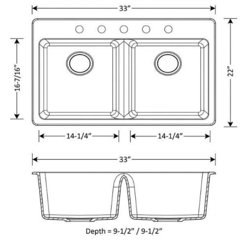 Duragranit double equal bowl granite sink Gray Moon DUR-202-04 dimensions