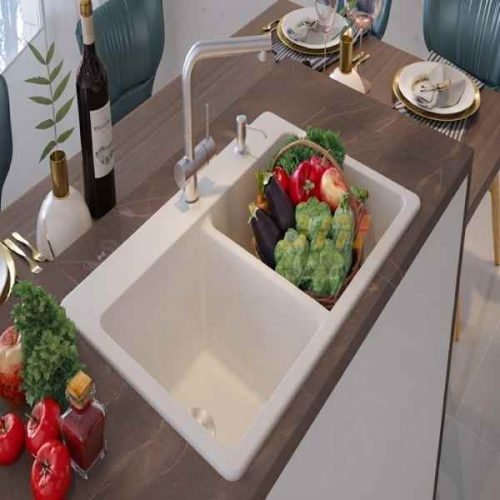 Duragranit double equal bowl granite sink Iceberg DUR-202-03 in use