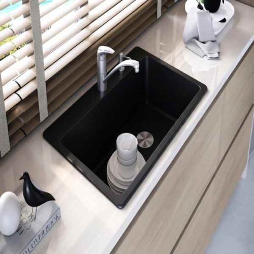 Duragranit super single bowl granite sink Black Sand DUR-105-01 in use