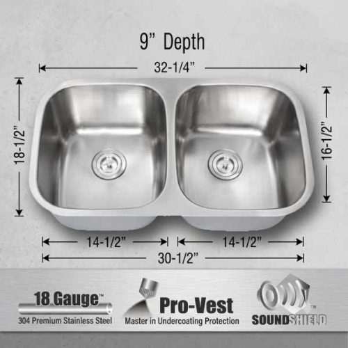 Gemini Double Equal Bowl Kitchen Sink 18 Gauge SIS-202-18G-GEM dimensions