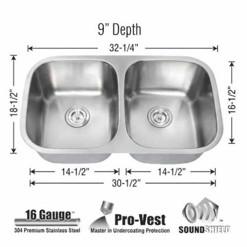 Gemini Double Equal Bowl Kitchen Sink 16 Gauge dimensions
