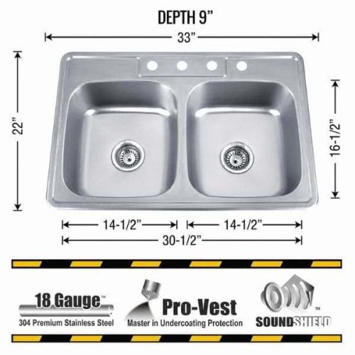 Dimensions view showing Gemini Drop-In Double Equal Bowl Kitchen Sink measurements