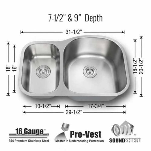 Hercules 1-1/2 Double Bowl Kitchen Reverse Sink 16 Gauge dimensions