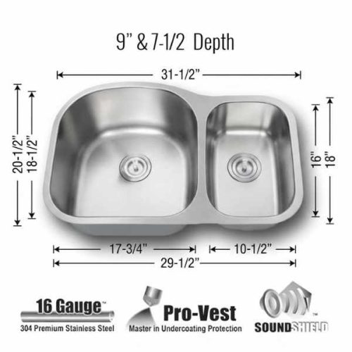 Hercules 1-1/2 Double Bowl Kitchen Sink 16 Gauge dimensions