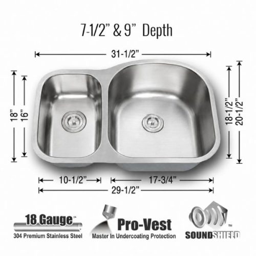Dimensions view showing Hercules 1-1/2 Double Bowl Kitchen Reverse Sink measurements