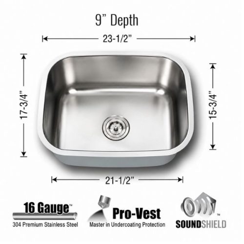 Dimensions view showing Indus Small Single Bowl Kitchen Sink 16 Gauge measurements
