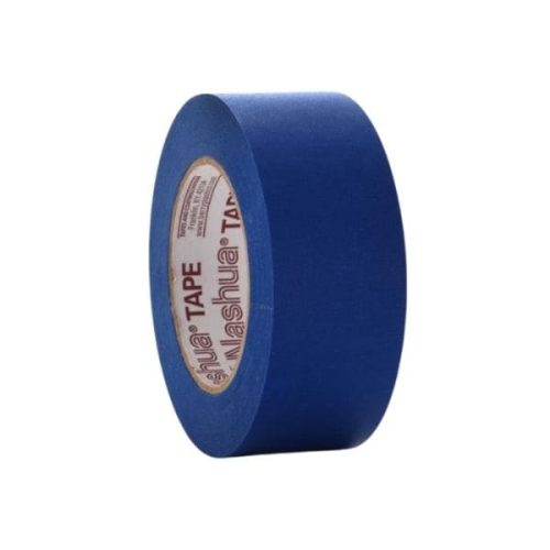 Angled view Nashua 140B Blue Painter's Tape showing tape roll, edge prile, and blue crepe paper backing