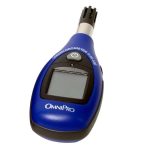 Angled view OmniPro H16-100 Mini Hygrometer display, controls, and sensor area