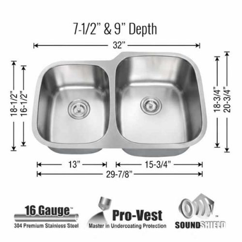 Orion 1-3/4 Double Bowl Kitchen Sink Reverse 16 Gauge dimensions