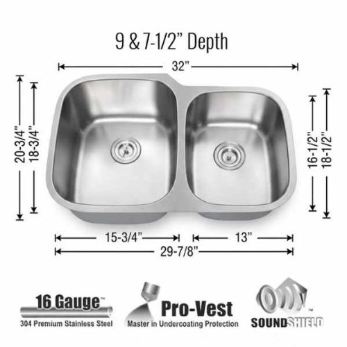 Orion 1-3/4 Double Bowl Kitchen Sink 16 Gauge dimensions