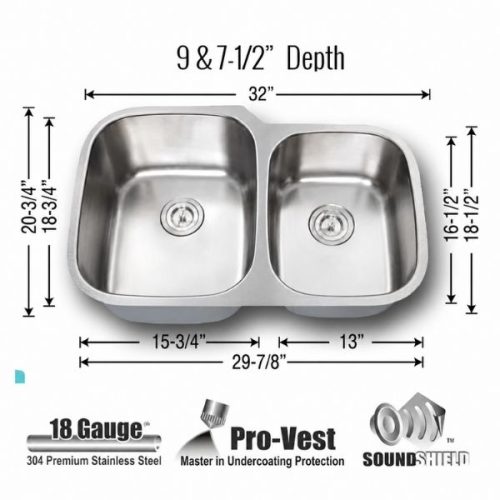 Dimensions view showing Orion Double Bowl Kitchen Sink 18 Gauge 1 3/4 measurements