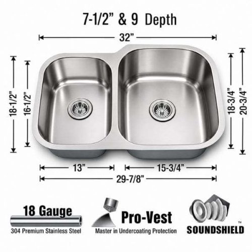 Dimensions view showing Orion 1 3/4 Double Bowl Kitchen Sink Reverse measurements