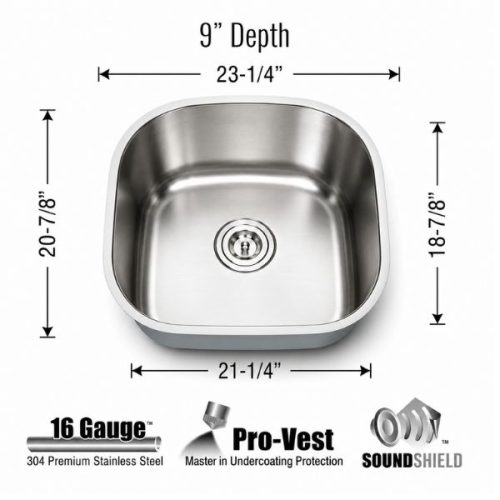 Dimensions view showing Pegasus Single Bowl Kitchen Sink 16 Gauge measurements
