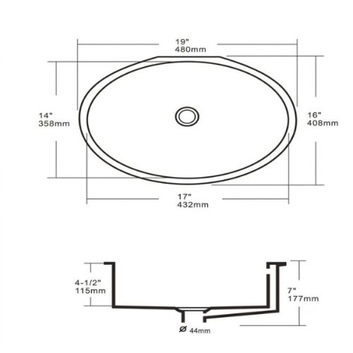 PL-1606 ADA Porcelain Undermount Bathroom Sink dimensions diagram