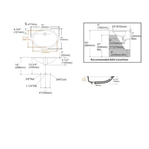 PL-3608 ADA Porcelain Undermount Bathroom Sink dimensions diagram