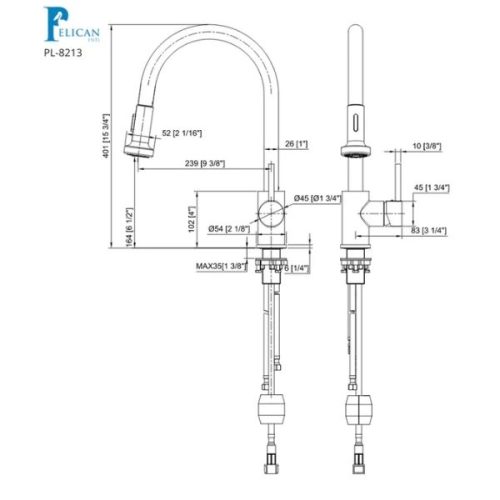 Dimension diagram for PL-8213 Brushed Nickel Single Hole Pull-Down Kitchen Faucet