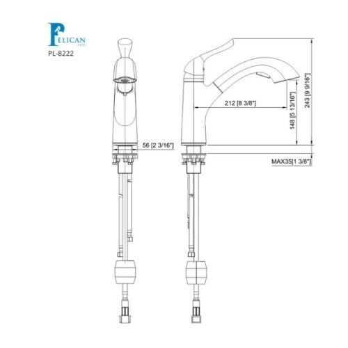 Dimension diagram for PL-8222 Brushed Nickel Single Hole Pull-Out Kitchen Faucet