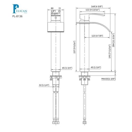 Dimension diagram for PL-8136 Brushed Nickel Single Hole Vessel Bathroom Faucet