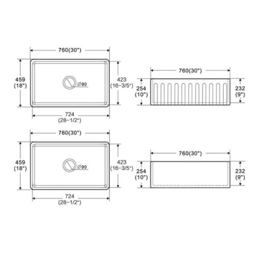 PL-FC3018SB Fireclay Reversible Farmhouse Kitchen Sink dimensions diagram