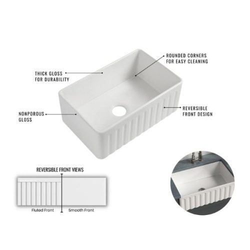 Detail PL-FC3318DB Fireclay Reversible Farmhouse Kitchen Sink