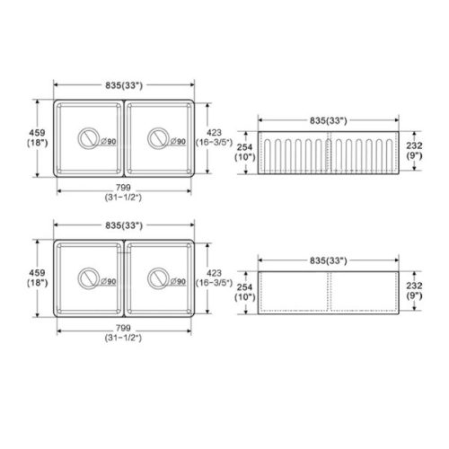 PL-FC3318DB Fireclay Reversible Farmhouse Kitchen Sink dimensions diagram