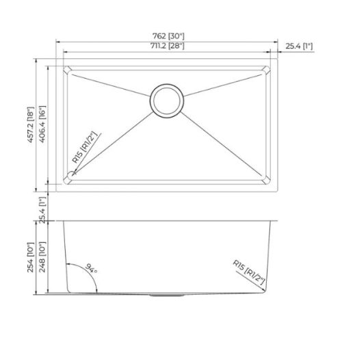 Dimension diagram PL-GMB109 R15 Gunmetal Black Kitchen Sink