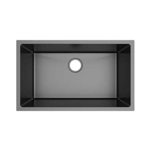Top view showing PL-GMB109 R15 Gunmetal Black Kitchen Sink basin and drain opening