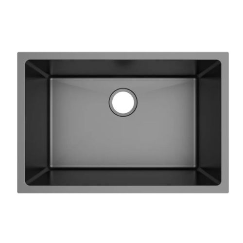 Top view showing PL-GMB111 R15 Gunmetal Black Kitchen Sink basin and drain opening