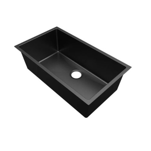 Angled view showing PL-GMB115 R15 Gunmetal Black Kitchen Sink and gunmetal finish