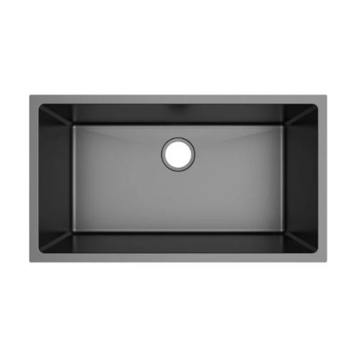 Top view showing PL-GMB115 R15 Gunmetal Black Kitchen Sink basin and drain opening