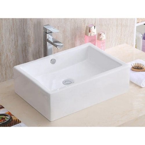 Angled view PL-3082 White Porcelain Vessel Bathroom Sink with shell-inspired basin profile