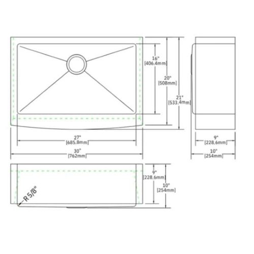 Measurement diagram for PL-HA118 R15 Stainless Steel Farmhouse Kitchen Sink with size labels