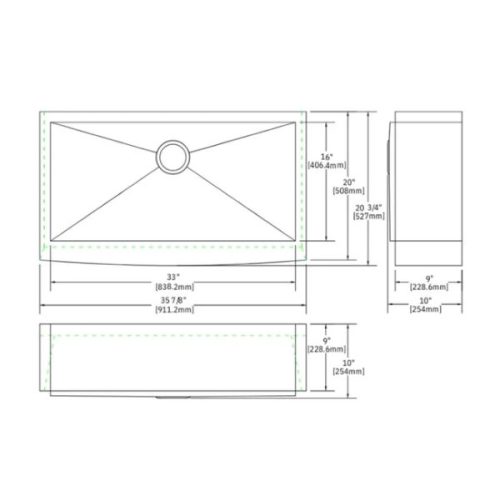 Dimension diagram PL-HA124 R0 Stainless Steel Farmhouse Kitchen Sink